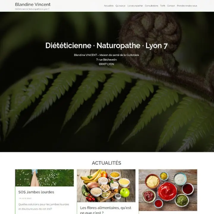 Screenshot of Blandine vincent website, showing the title 'Diététicienne • Naturopathe • Lyon 7' in big letters above a fern (koru) background photo
