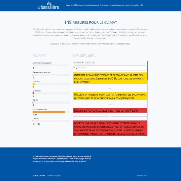screenshot of #SansFiltre website with white and blue design. A sidebar shows horizontal bars of different lengths and colors, and some labels with a closing buttons are displayed above the content.
