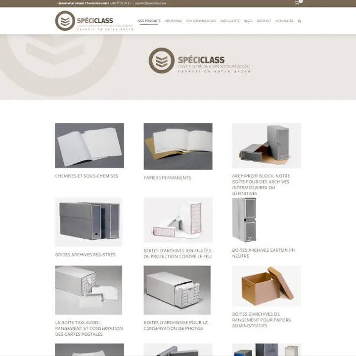 screenshot of the Spéciclass website, showing a grid of office products with a white and light brown design.